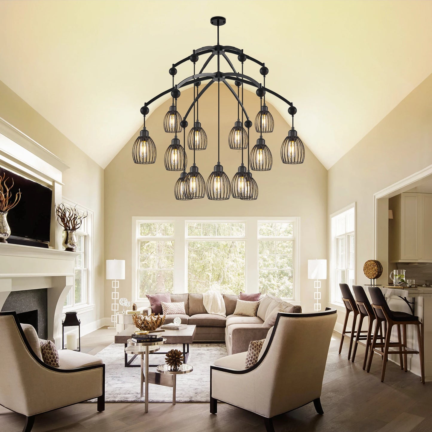 Industrial Farmhouse Chandelier – Adjustable Metal Cage Pendant with Black Rope