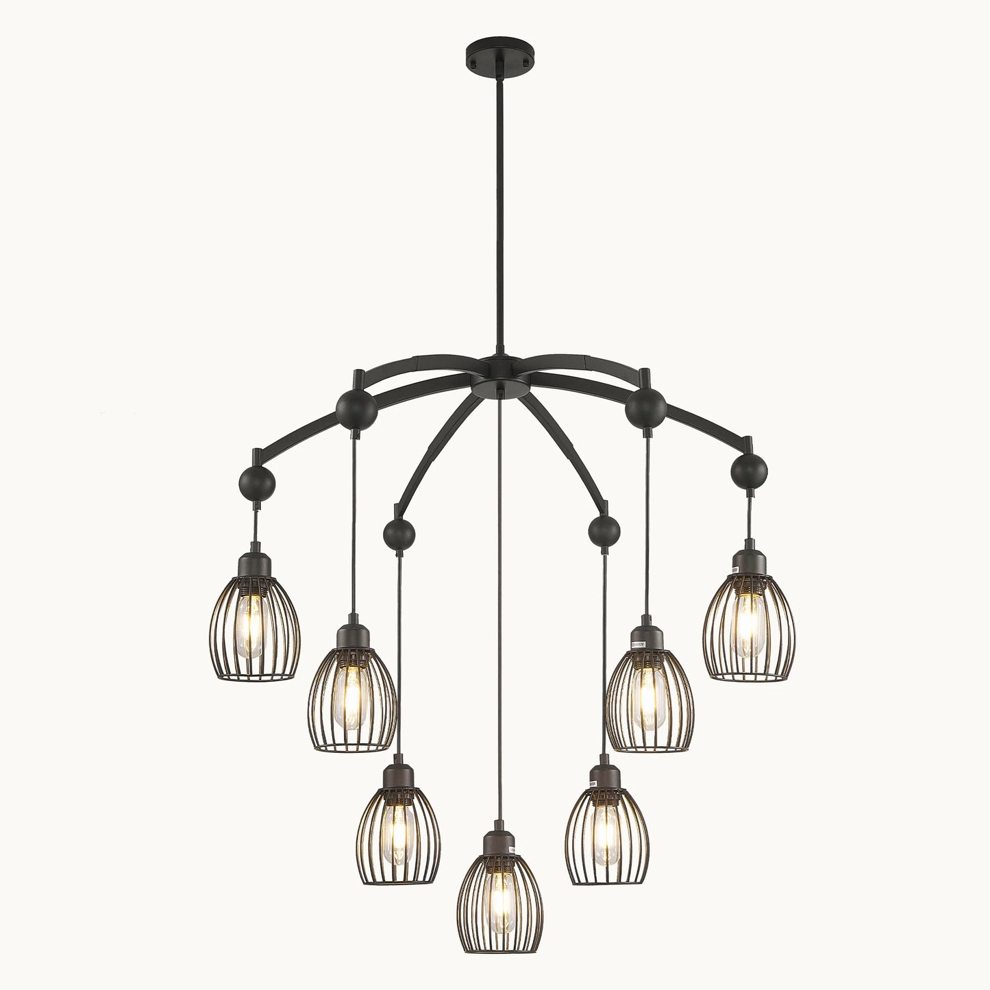 Industrial Farmhouse Chandelier – Adjustable Metal Cage Pendant with Black Rope
