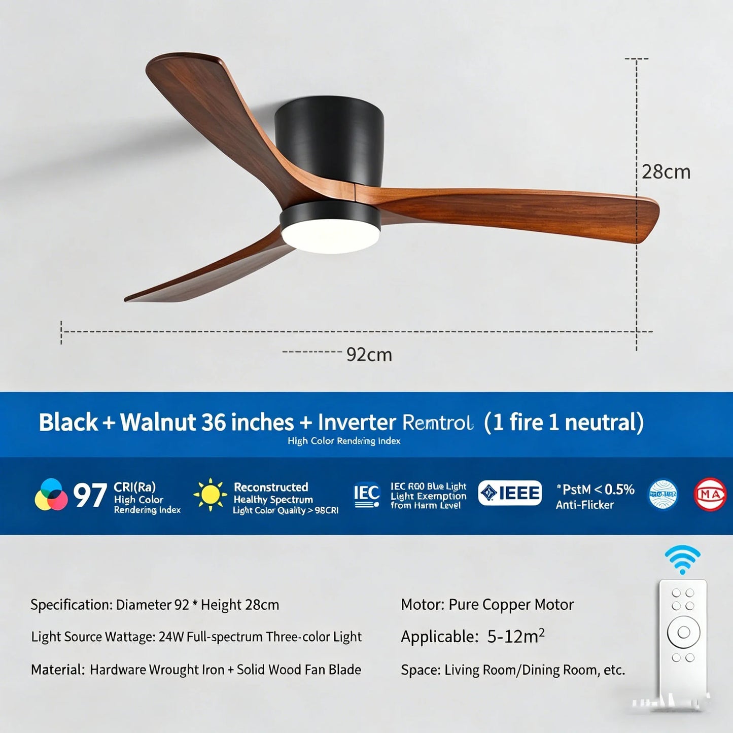 Industrial Retro Solid Wood Ceiling Fan – High-Airflow Variable Speed Fan