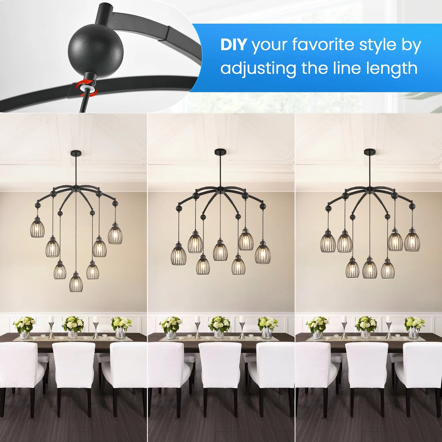 Industrial Farmhouse Chandelier – Adjustable Metal Cage Pendant with Black Rope