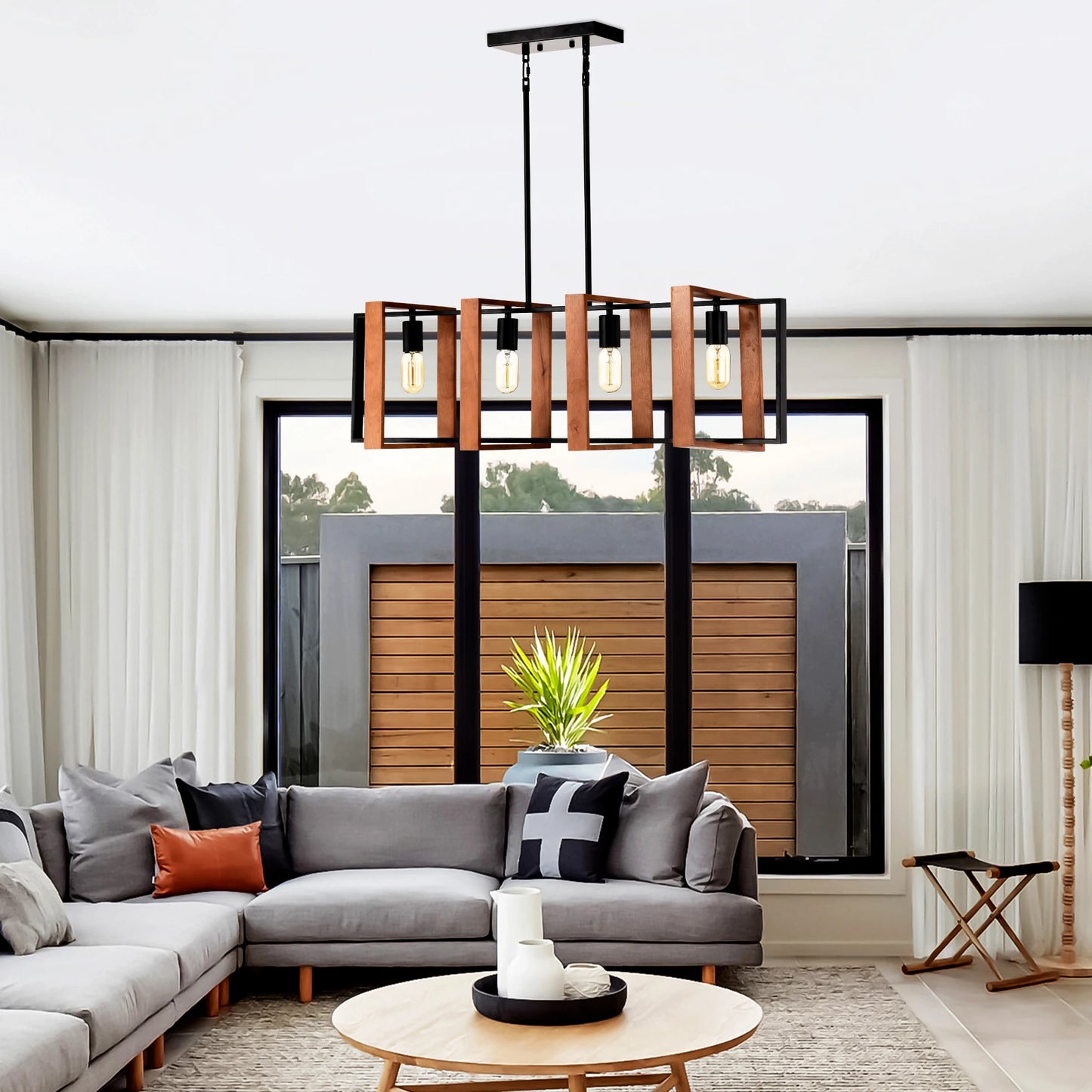 4-Light Farmhouse Rectangular Wood & Metal Pendant