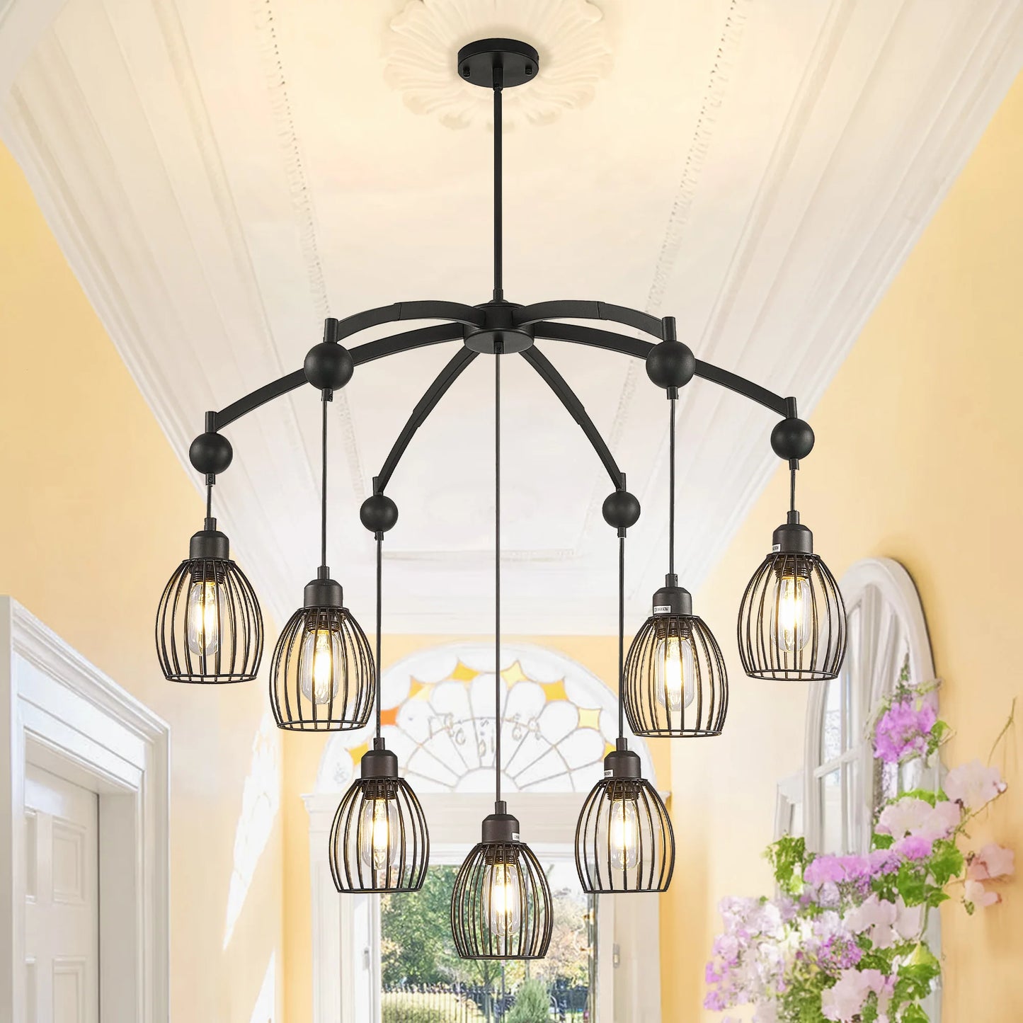 Industrial Farmhouse Chandelier – Adjustable Metal Cage Pendant with Black Rope