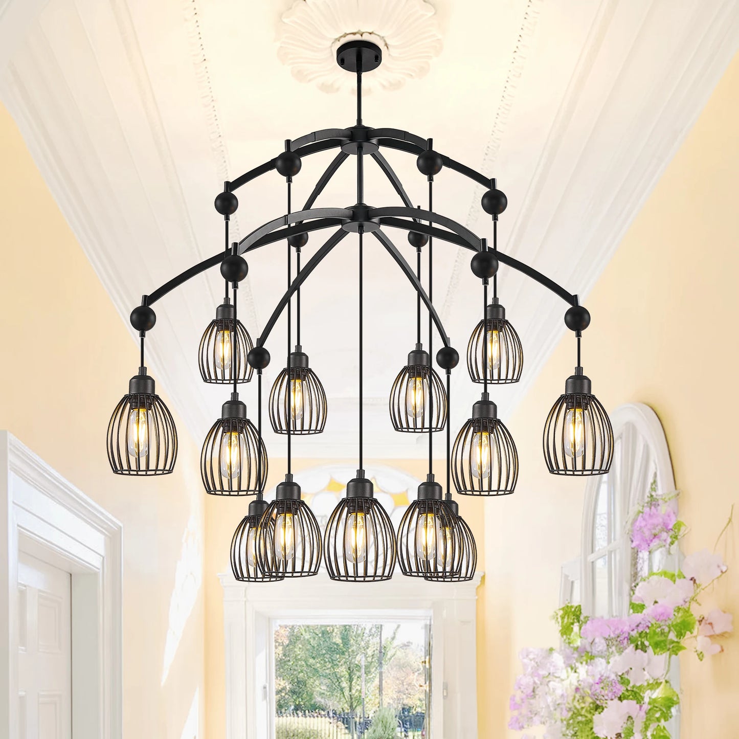 Industrial Farmhouse Chandelier – Adjustable Metal Cage Pendant with Black Rope