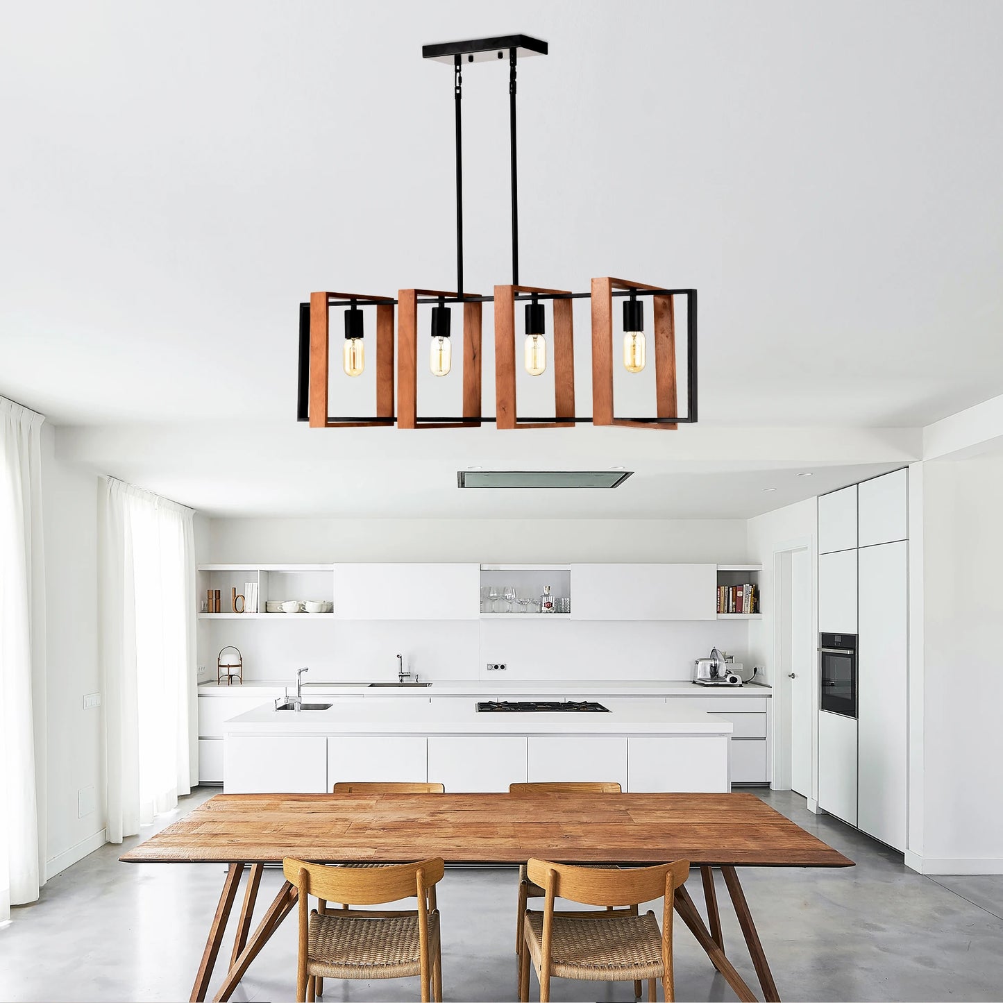 4-Light Farmhouse Rectangular Wood & Metal Pendant