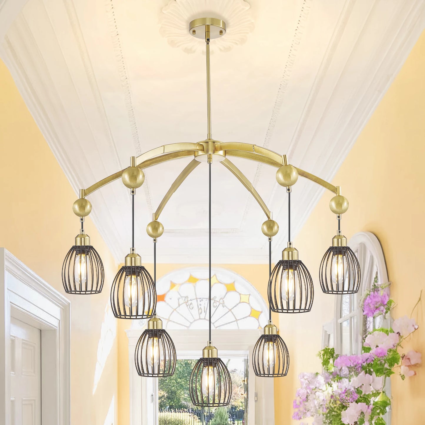 Industrial Farmhouse Chandelier – Adjustable Metal Cage Pendant with Black Rope