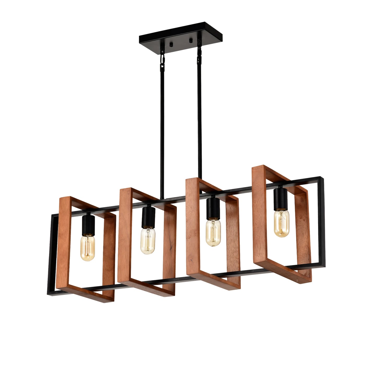 4-Light Farmhouse Rectangular Wood & Metal Pendant