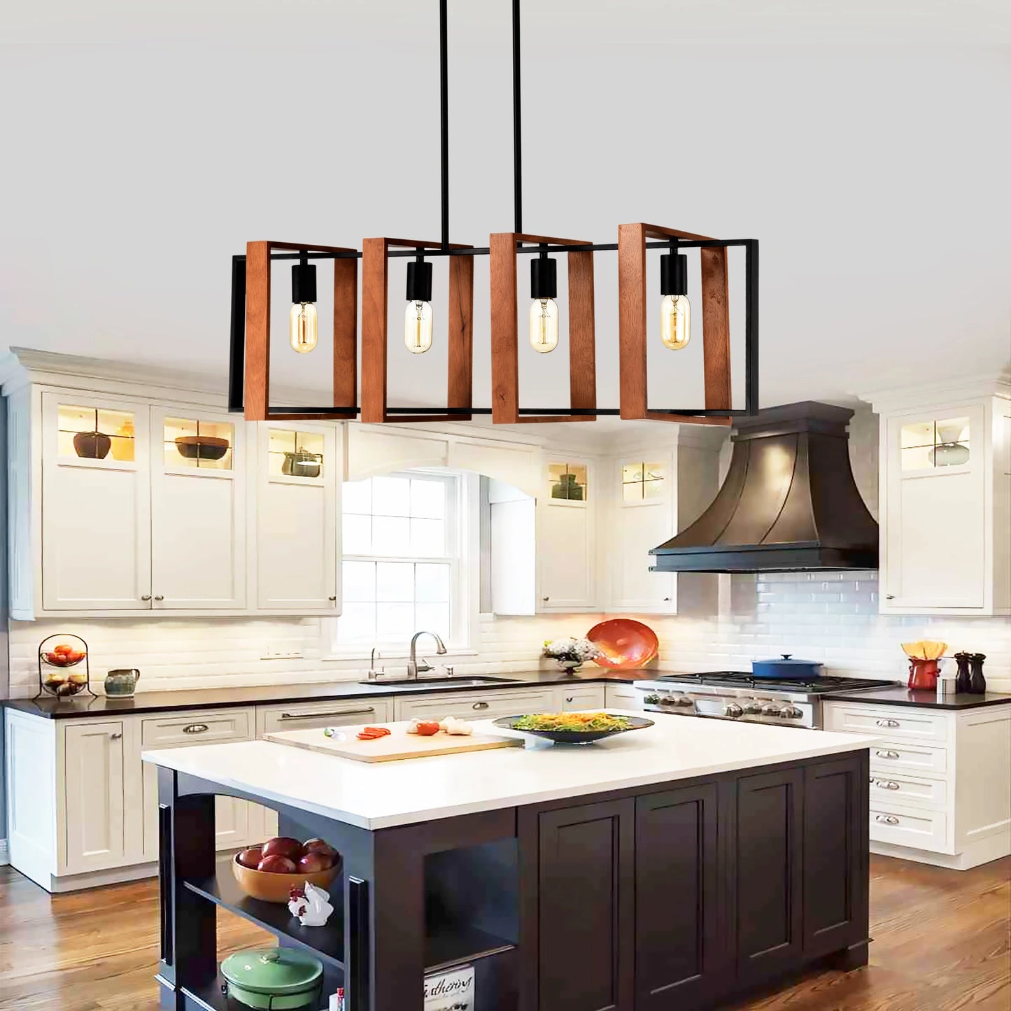 4-Light Farmhouse Rectangular Wood & Metal Pendant