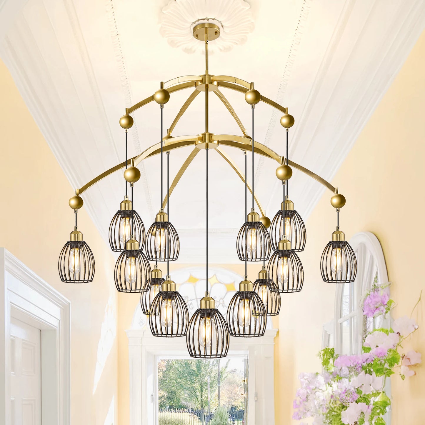 Industrial Farmhouse Chandelier – Adjustable Metal Cage Pendant with Black Rope