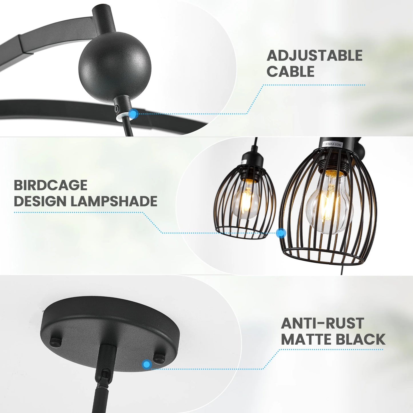 Industrial Farmhouse Chandelier – Adjustable Metal Cage Pendant with Black Rope