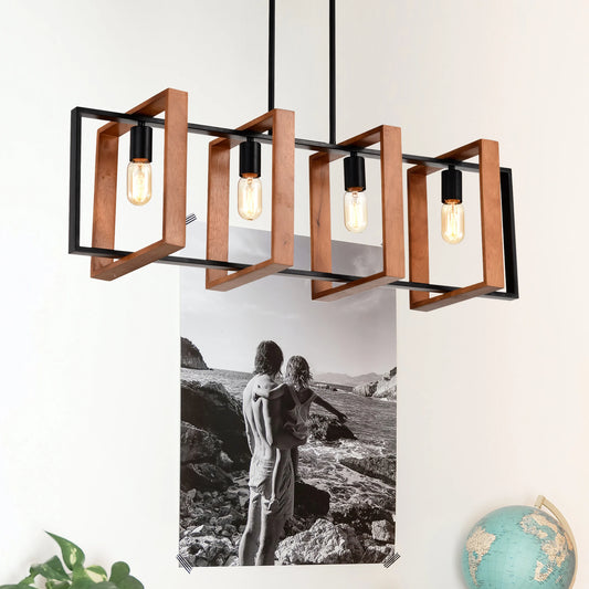 4-Light Farmhouse Rectangular Wood & Metal Pendant
