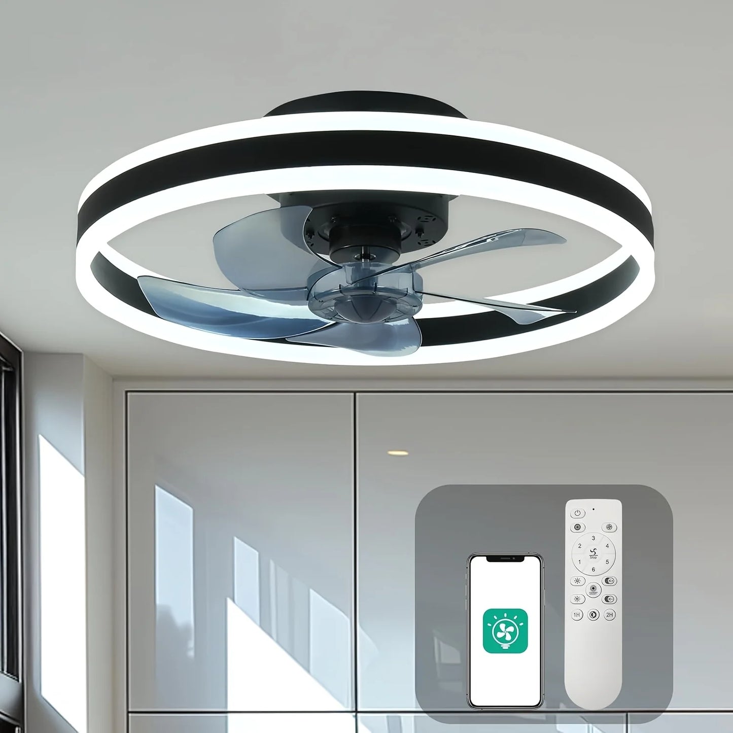 Modern Flush Mount Ceiling Fan with Remote & Dimmable LED