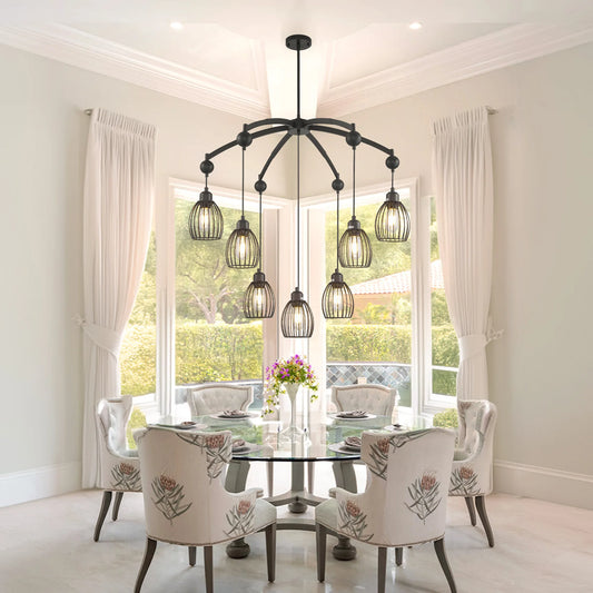 Industrial Farmhouse Chandelier – Adjustable Metal Cage Pendant with Black Rope