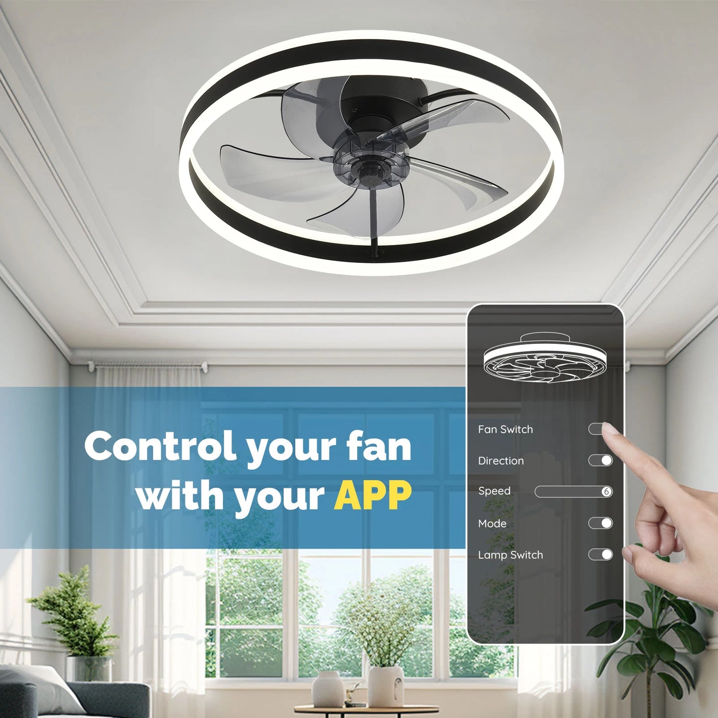 Modern Flush Mount Ceiling Fan with Remote & Dimmable LED