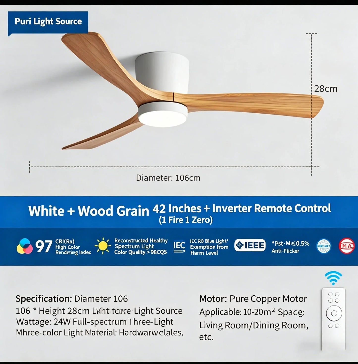 Industrial Retro Solid Wood Ceiling Fan – High-Airflow Variable Speed Fan